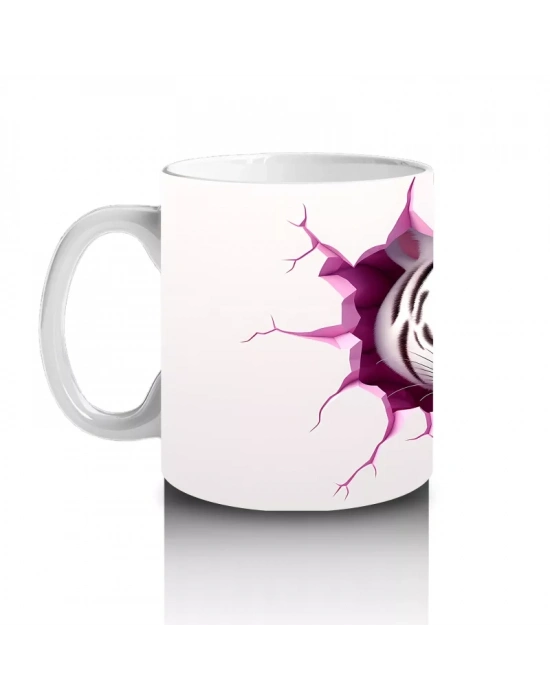 Pembe Çatlak Zeminden Bakan Beyaz Kaplan Figürü - Baskılı kahve kupası