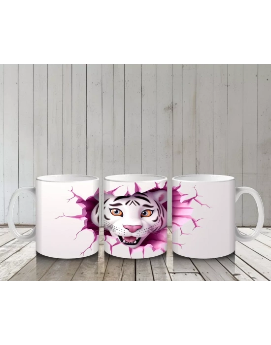 Pembe Çatlak Zeminden Bakan Beyaz Kaplan Figürü - Baskılı kahve kupası