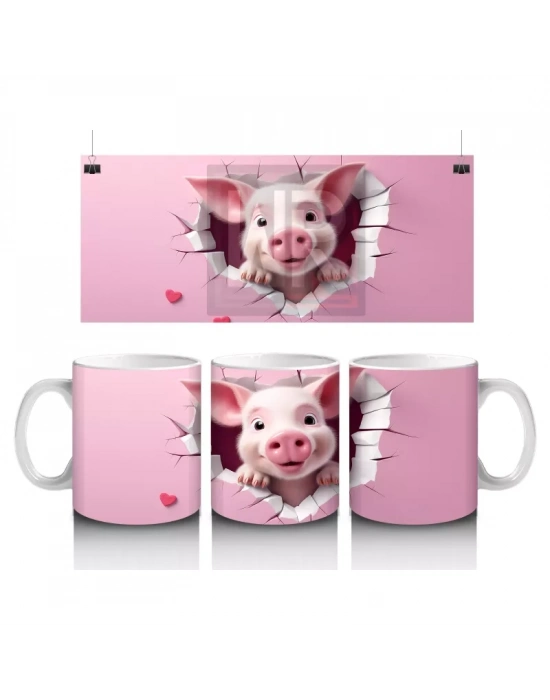 Pembe Çatlak Zeminden Bakan Sevimli Domuzcuk - Baskılı kahve kupası