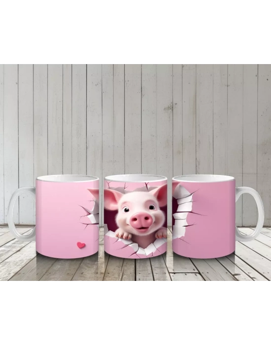 Pembe Çatlak Zeminden Bakan Sevimli Domuzcuk - Baskılı kahve kupası
