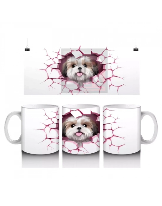 Pembe Çatlak Zeminden Bakan Sevimli Shih Tzu - Baskılı kahve kupası