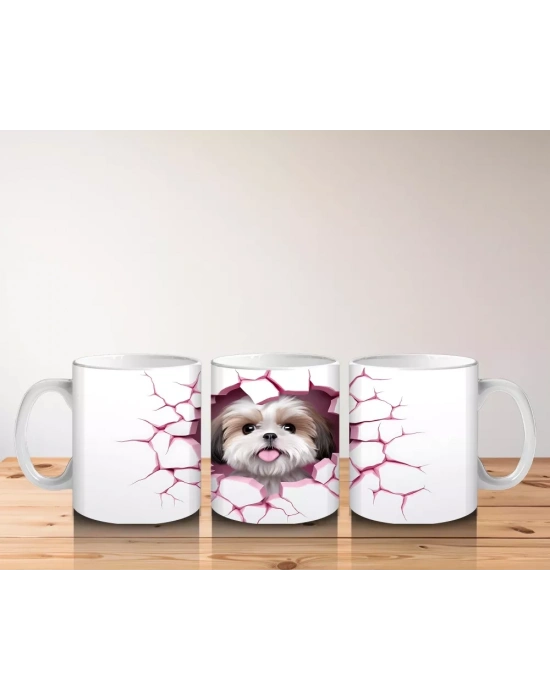 Pembe Çatlak Zeminden Bakan Sevimli Shih Tzu - Baskılı kahve kupası