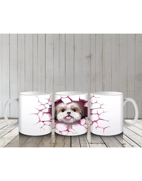 Pembe Çatlak Zeminden Bakan Sevimli Shih Tzu - Baskılı kahve kupası