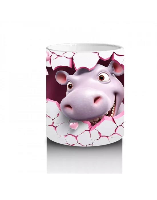 Pembe Çatlak Zeminden Bakan Sevimli Su Aygırı - Baskılı kahve kupası