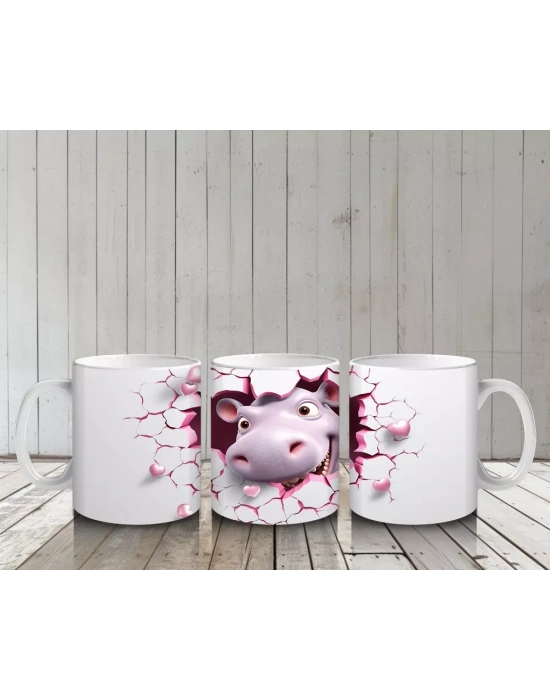 Pembe Çatlak Zeminden Bakan Sevimli Su Aygırı - Baskılı kahve kupası