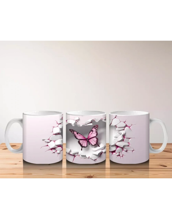 Pembe Çatlaklı Duvar Üzerinde Kelebek – Baskılı Kahve Kupası