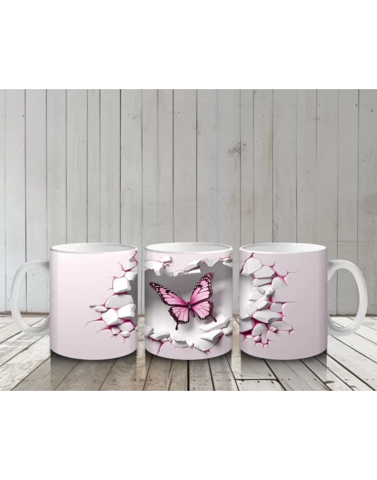 Pembe Çatlaklı Duvar Üzerinde Kelebek – Baskılı Kahve Kupası