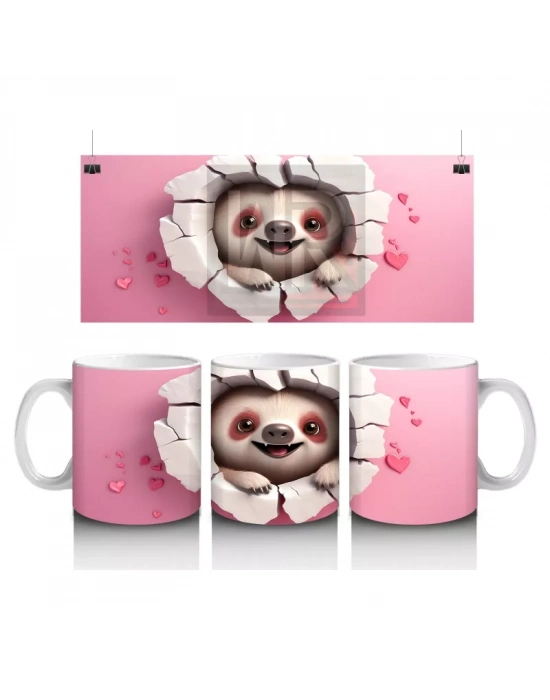 Pembe Çatlakta Gülümseyen Sevimli Tembel Hayvan – Baskılı Kahve Kupası