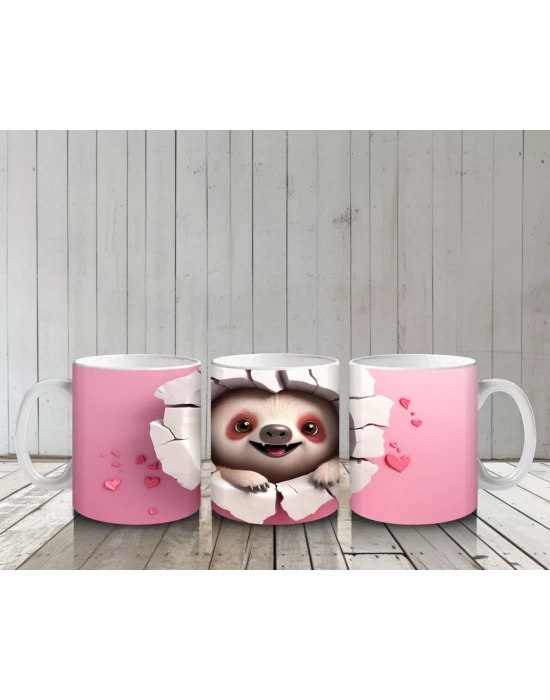 Pembe Çatlakta Gülümseyen Sevimli Tembel Hayvan – Baskılı Kahve Kupası