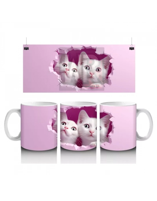 Pembe Çatlakta İkiz Beyaz Kedi Yavruları – Baskılı Kahve Kupası