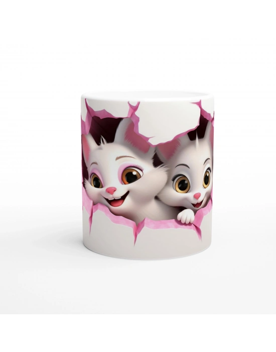 Pembe Çatlaktan Bakan Sevimli Kediler Temalı Baskılı Kupa Bardak