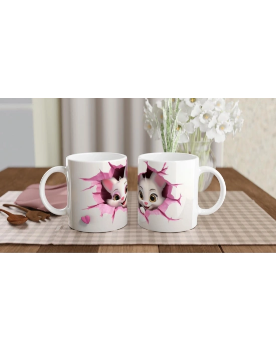 Pembe Çatlaktan Bakan Sevimli Kediler Temalı Baskılı Kupa Bardak