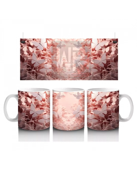 Pembe Çiçek Bahçesinde Parıldayan Kelebek – Baskılı Kahve Kupası