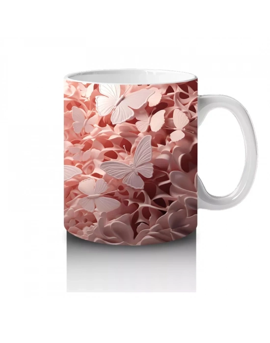 Pembe Çiçek Bahçesinde Parıldayan Kelebek – Baskılı Kahve Kupası