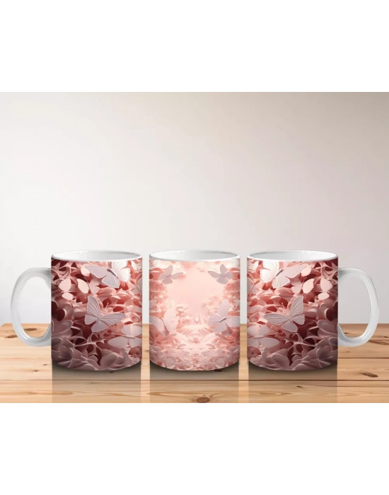 Pembe Çiçek Bahçesinde Parıldayan Kelebek – Baskılı Kahve Kupası