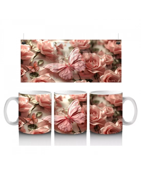 Pembe Çiçek Bahçesinde Zarif Kelebek - Baskılı Kahve Kupası