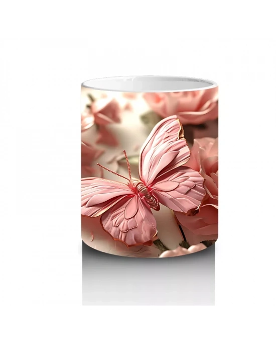 Pembe Çiçek Bahçesinde Zarif Kelebek - Baskılı Kahve Kupası