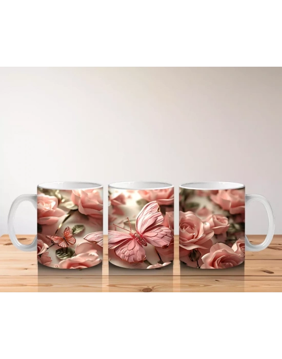 Pembe Çiçek Bahçesinde Zarif Kelebek - Baskılı Kahve Kupası
