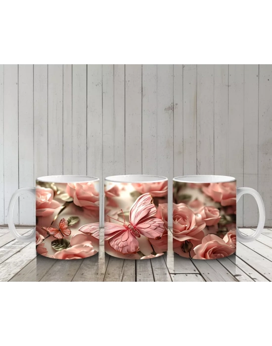 Pembe Çiçek Bahçesinde Zarif Kelebek - Baskılı Kahve Kupası