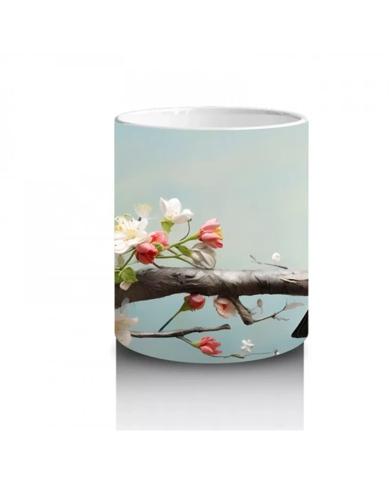 Pembe Çiçek Dalında Oturan Nar Bülbülü – Baskılı Kahve Kupası