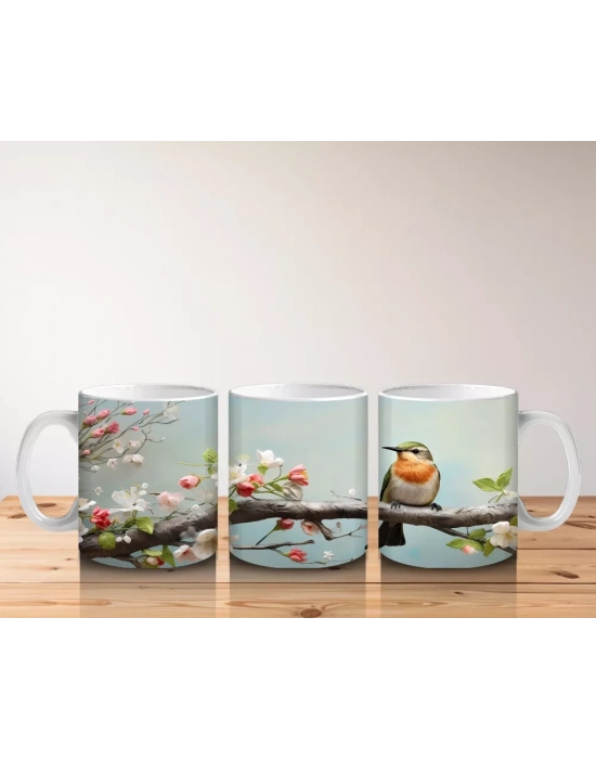 Pembe Çiçek Dalında Oturan Nar Bülbülü – Baskılı Kahve Kupası