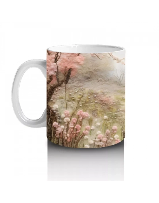 Pembe Çiçekler Arasında Bahar Manzarasında At Silueti - Baskılı kahve kupası