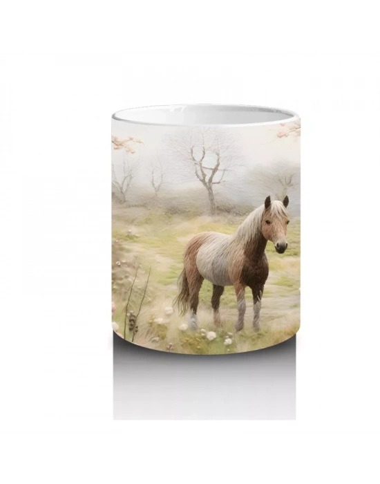 Pembe Çiçekler Arasında Bahar Manzarasında At Silueti - Baskılı kahve kupası