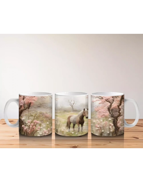 Pembe Çiçekler Arasında Bahar Manzarasında At Silueti - Baskılı kahve kupası