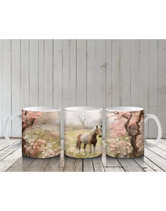 Pembe Çiçekler Arasında Bahar Manzarasında At Silueti - Baskılı kahve kupası