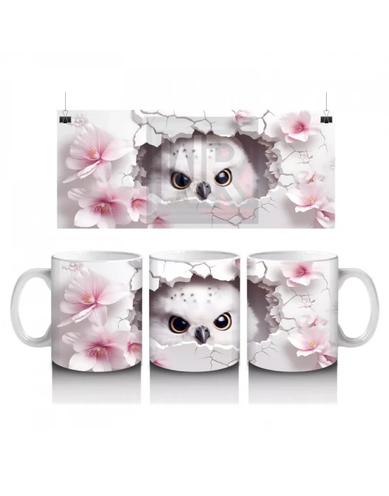 Pembe Çiçekler Arasında Bakan Sevimli Baykuş – Baskılı Kahve Kupası