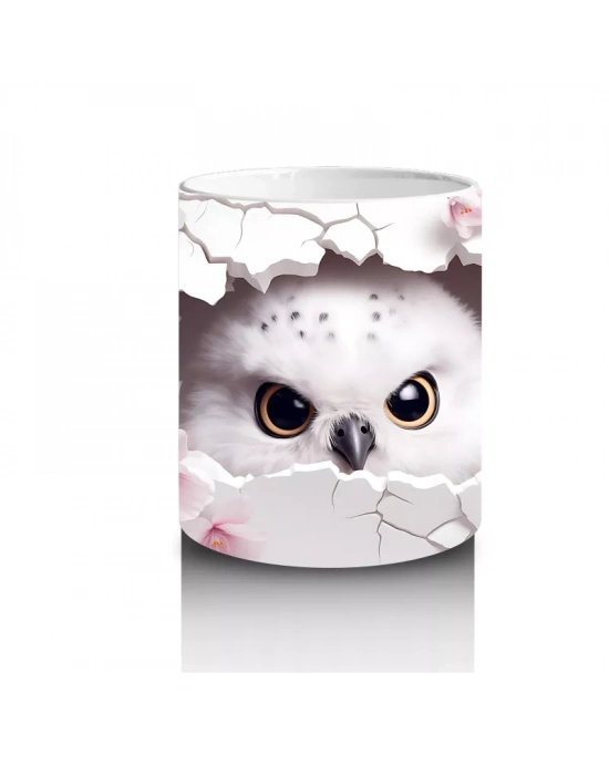 Pembe Çiçekler Arasında Bakan Sevimli Baykuş – Baskılı Kahve Kupası