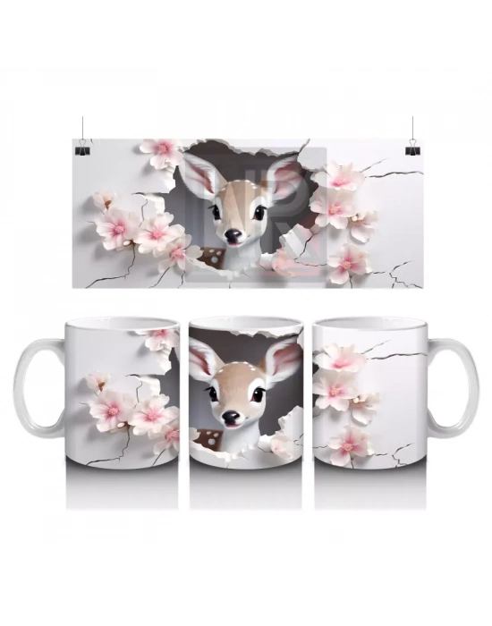 Pembe Çiçekler Arasında Bakan Sevimli Geyik – Baskılı Kahve Kupası