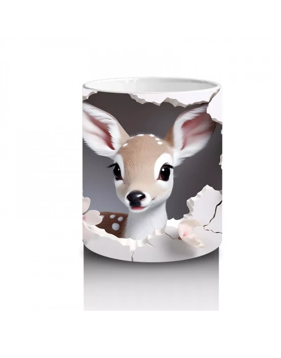 Pembe Çiçekler Arasında Bakan Sevimli Geyik – Baskılı Kahve Kupası