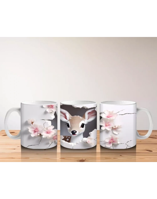 Pembe Çiçekler Arasında Bakan Sevimli Geyik – Baskılı Kahve Kupası