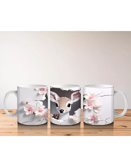 Pembe Çiçekler Arasında Bakan Sevimli Geyik – Baskılı Kahve Kupası