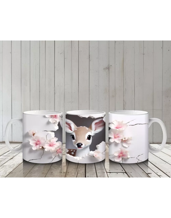 Pembe Çiçekler Arasında Bakan Sevimli Geyik – Baskılı Kahve Kupası
