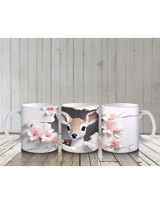 Pembe Çiçekler Arasında Bakan Sevimli Geyik – Baskılı Kahve Kupası