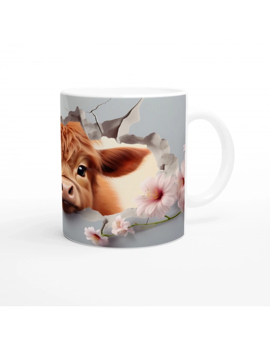 Pembe Çiçekler Arasında Beliren Sevimli İnek Baskılı Kupa Bardak