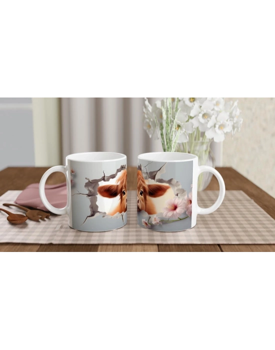 Pembe Çiçekler Arasında Beliren Sevimli İnek Baskılı Kupa Bardak