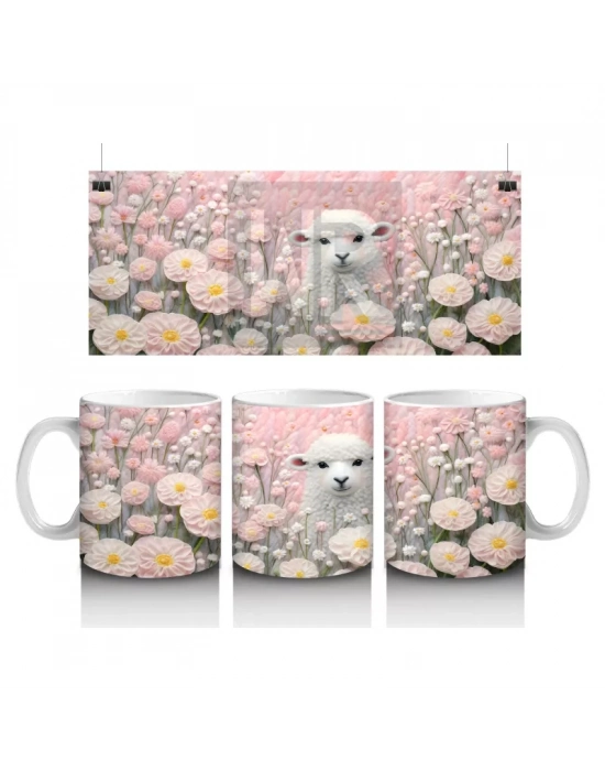 Pembe Çiçekler Arasında Beyaz Kuzucuk – Bahar Temalı Kupa Bardak