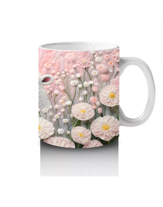 Pembe Çiçekler Arasında Beyaz Kuzucuk – Bahar Temalı Kupa Bardak