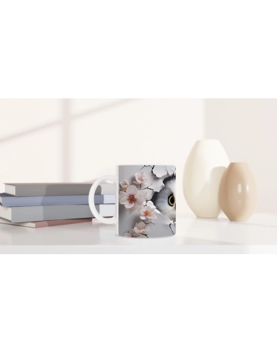 Pembe Çiçekler Arasında Bizi İzleyen Baykuş Baskılı Kupa Bardak