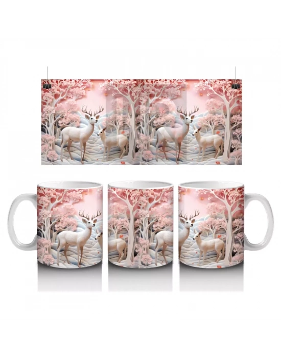 Pembe Çiçekler Arasında Geyik Çifti – Baskılı Kahve Kupası