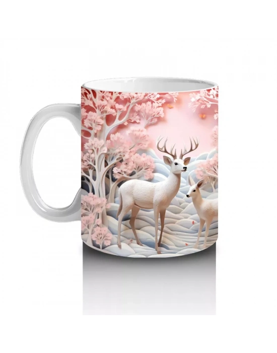 Pembe Çiçekler Arasında Geyik Çifti – Baskılı Kahve Kupası