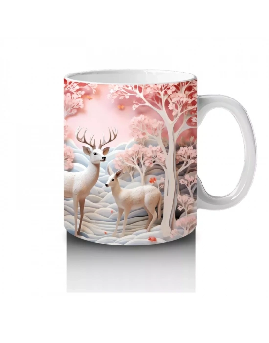 Pembe Çiçekler Arasında Geyik Çifti – Baskılı Kahve Kupası