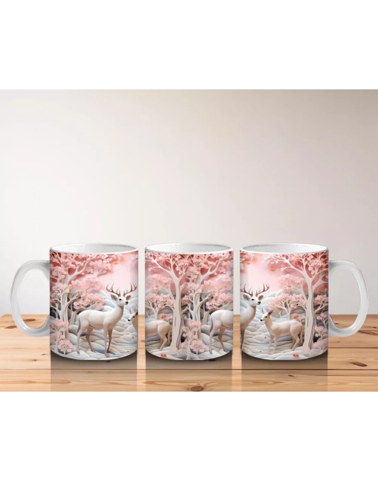Pembe Çiçekler Arasında Geyik Çifti – Baskılı Kahve Kupası