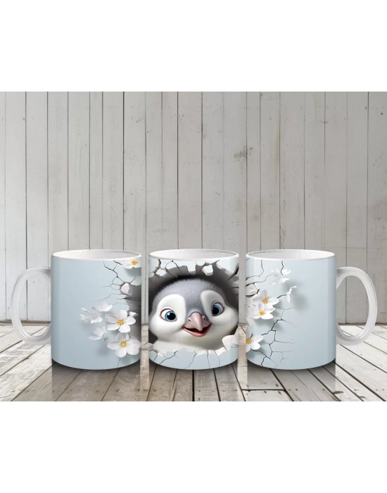 Pembe Çiçekler Arasında Gülümseyen Penguen – Baskılı Kahve Kupası