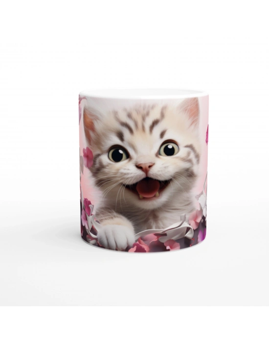 Pembe Çiçekler Arasında Neşeyle Bakan Yavru Kedi Baskılı Kupa Bardak