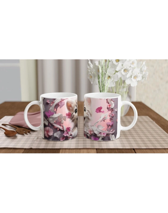 Pembe Çiçekler Arasında Neşeyle Bakan Yavru Kedi Baskılı Kupa Bardak