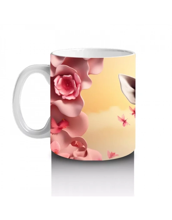 Pembe Çiçekler Arasında Sevimli Zürafa - Baskılı Kahve Kupası